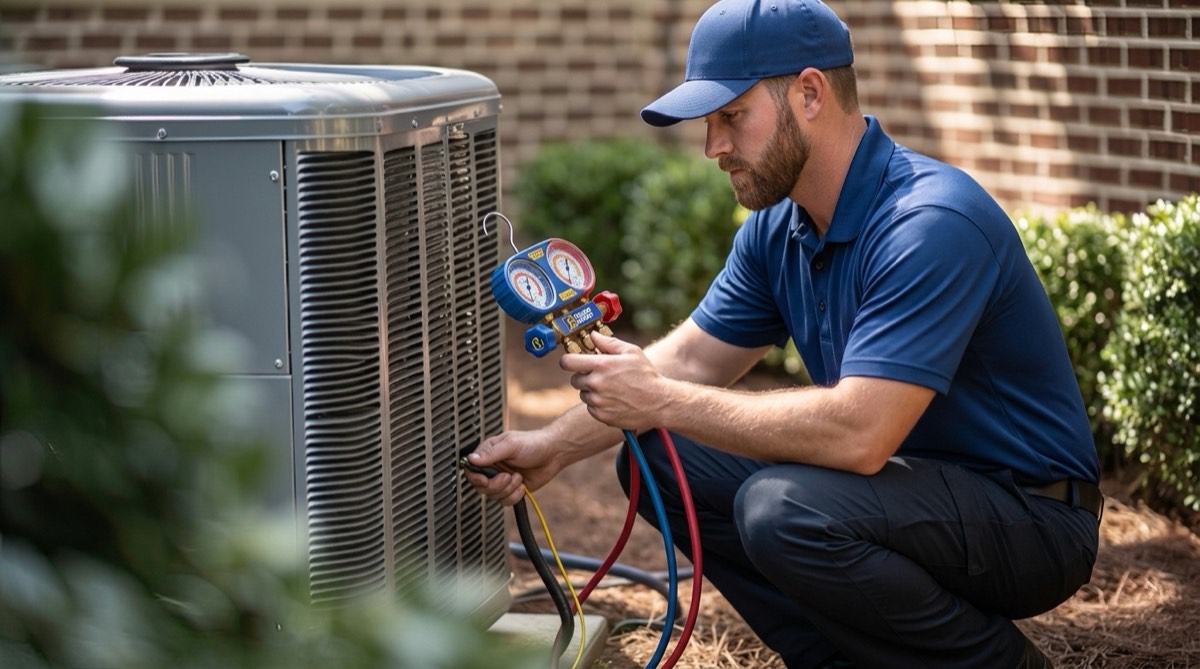 HVAC technician diagnosing an outdoor air conditioning condenser on a hot summer day