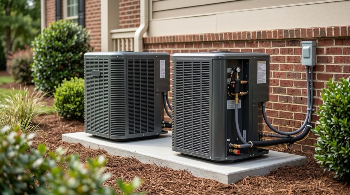 Outdoor heat pump and air conditioning units installed beside a home