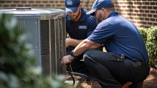 Two Buds Heating and Air technicians servicing an outdoor condenser unit during a maintenance visit