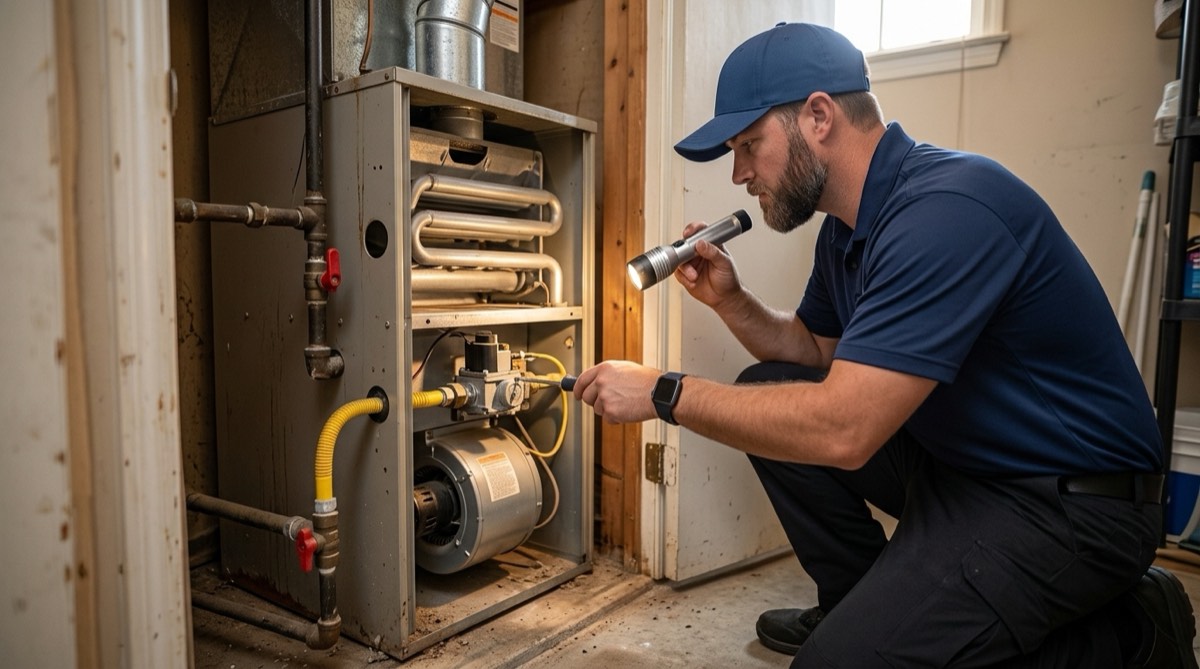 HVAC technician inspecting a residential gas furnace during a maintenance visit
