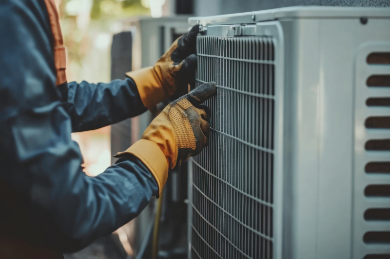 HVAC technician in work gloves inspecting the coil fins on an outdoor air conditioning condenser unit