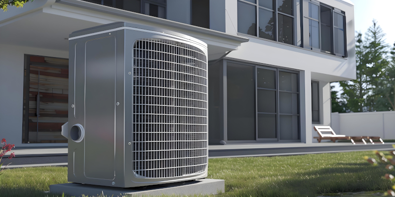 High-efficiency outdoor air conditioning condenser unit installed beside a modern two-story home