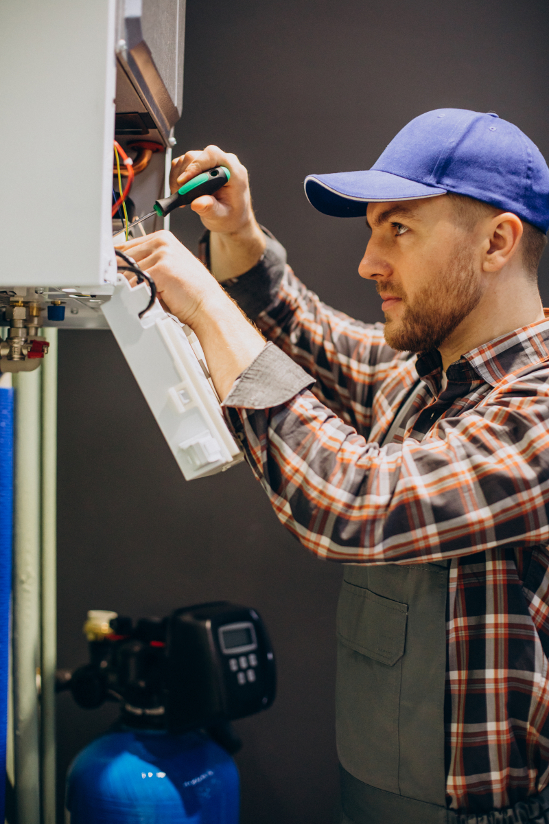HVAC technician in a blue cap using a screwdriver to service the internal components of a wall-mounted furnace