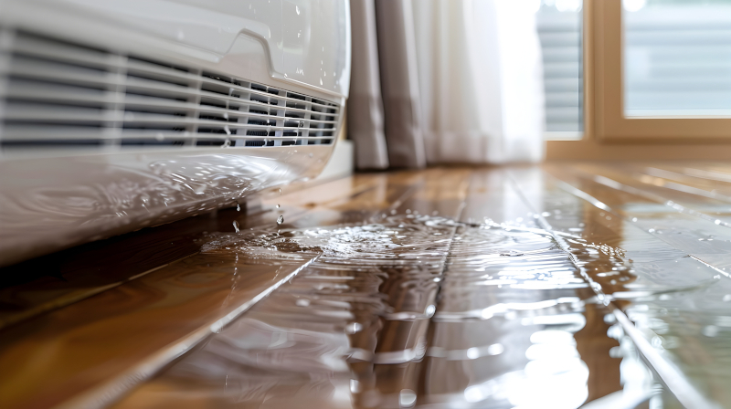 Water pooled across a hardwood floor beneath a leaking indoor air conditioning unit