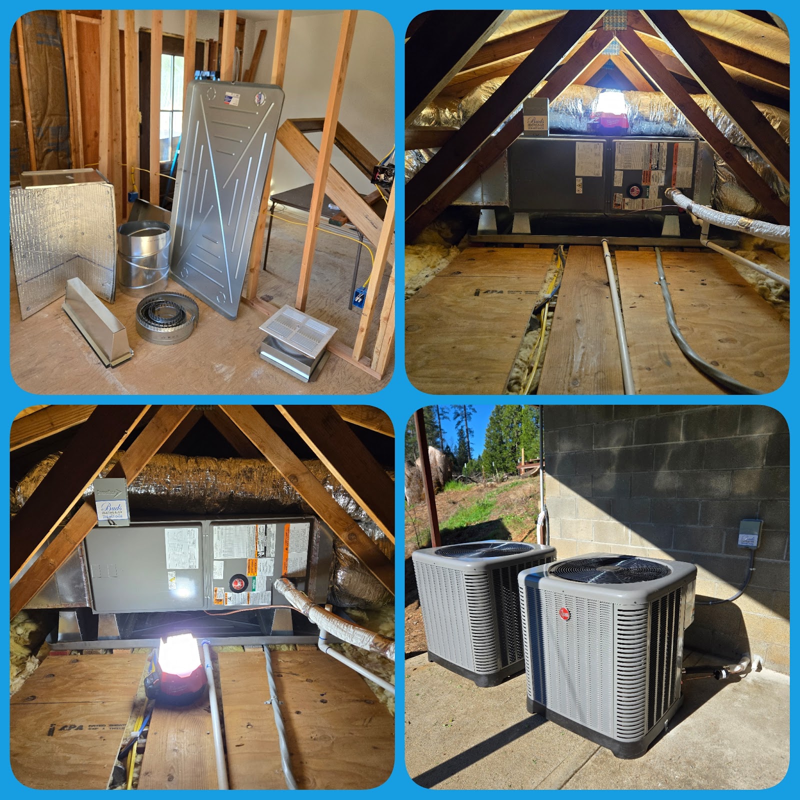 Attic furnace and ductwork installation with Rheem outdoor condensers