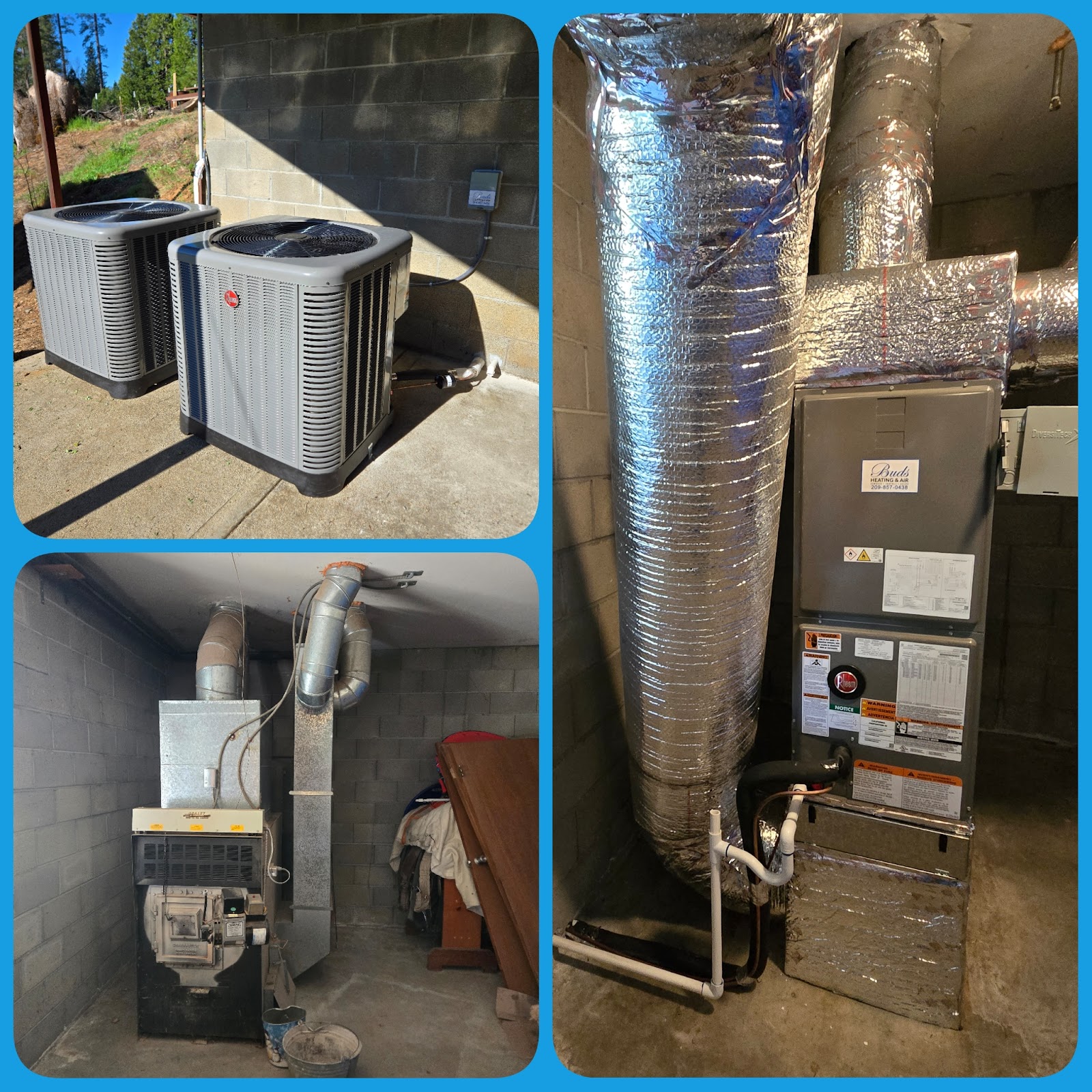 Outdoor Rheem condensers and insulated flex duct connected to indoor furnace